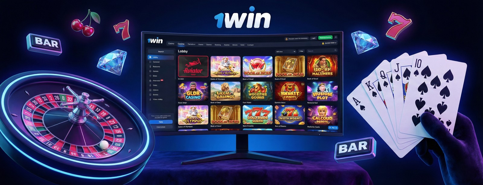 1win Online Casino & Slots: Play Aviator, Gates of Olympus, Roulette & Poker 1win online casino platform with popular slots like Aviator, Gates of Olympus, roulette wheel, and poker cards