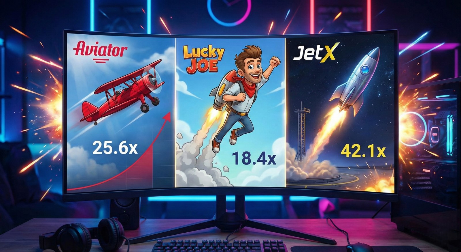 Popular Crash Games Review: Aviator, Lucky Joe, and JetX Multipliers Comparison of popular crash games Aviator, Lucky Joe, and JetX showing high win multipliers on a curved gaming monitor.