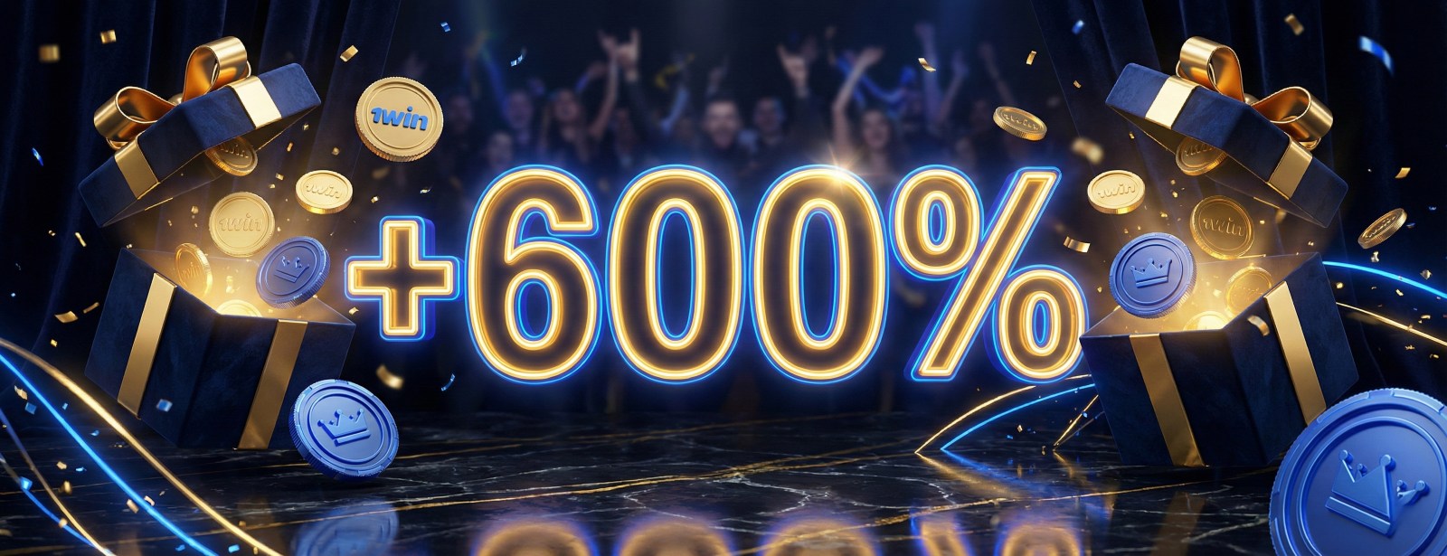 Get a 600% Crypto Deposit Bonus - Exclusive 1win Online Casino Offer Neon 600% crypto bonus banner for 1win casino featuring blue gift boxes, gold coins, and luxury marble background